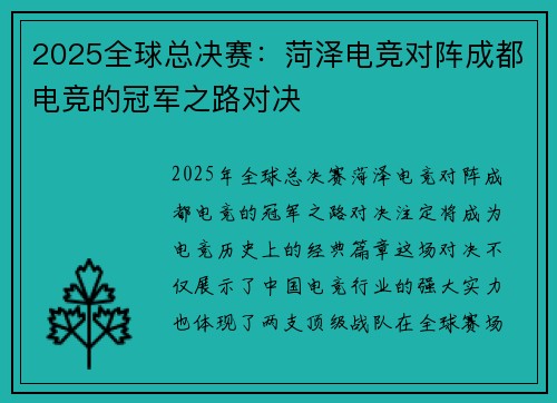 2025全球总决赛：菏泽电竞对阵成都电竞的冠军之路对决